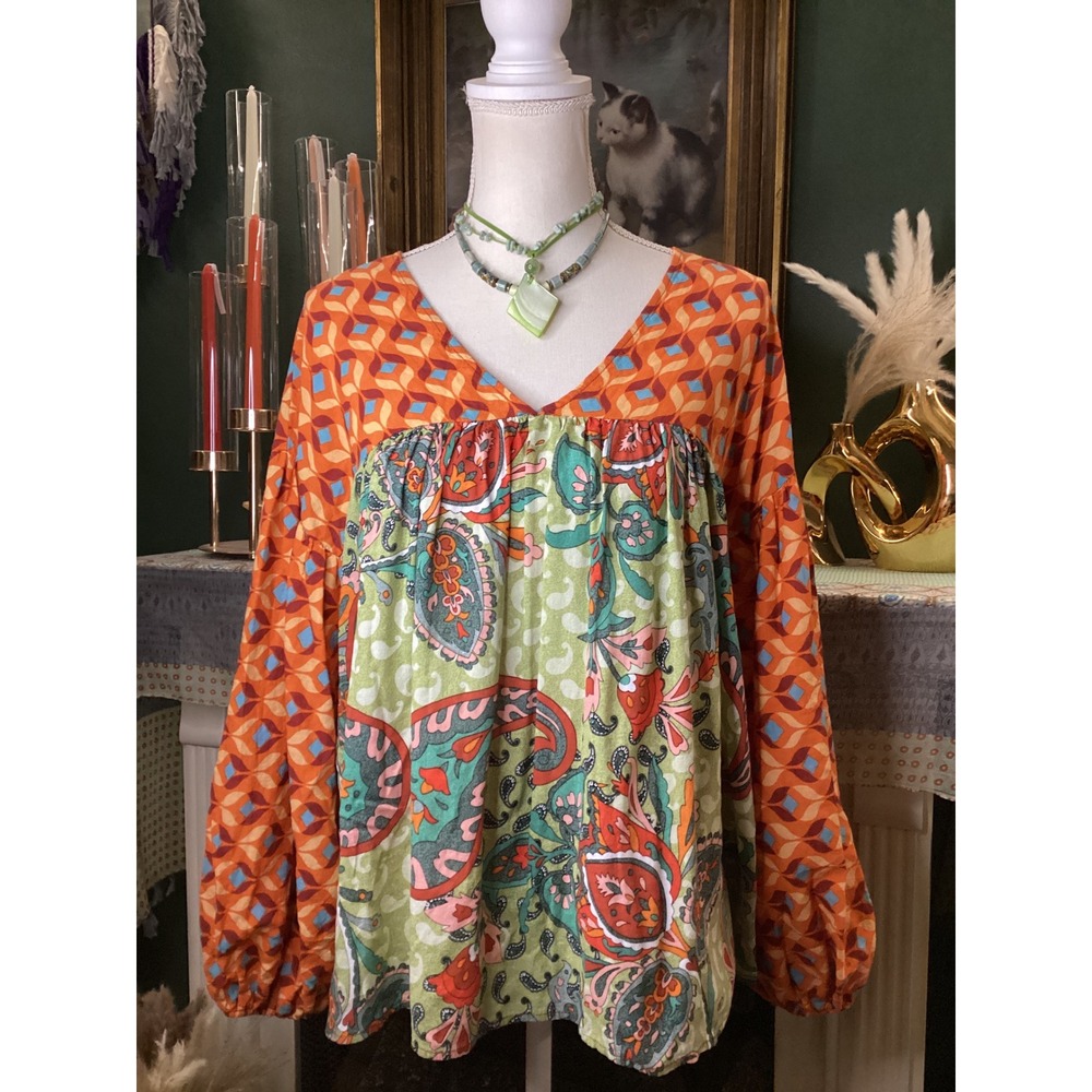 Bucketlist Mixed Print V-Neck Babydoll Blouse Orange Green Paisley Small T1042-2